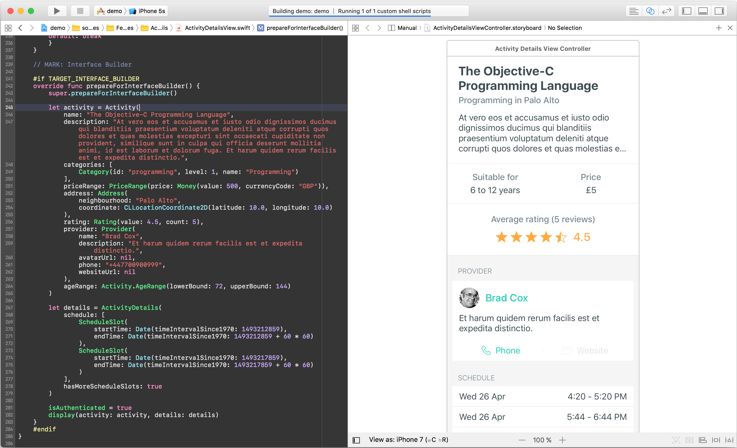 Xcode screenshot demonstrating UI previews