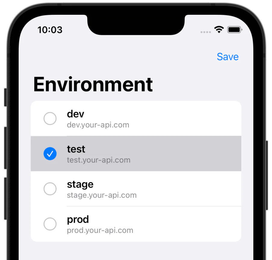 iOS Environment screen for picking the API environment: dev, test (selected), stage, and prod, each with its host name