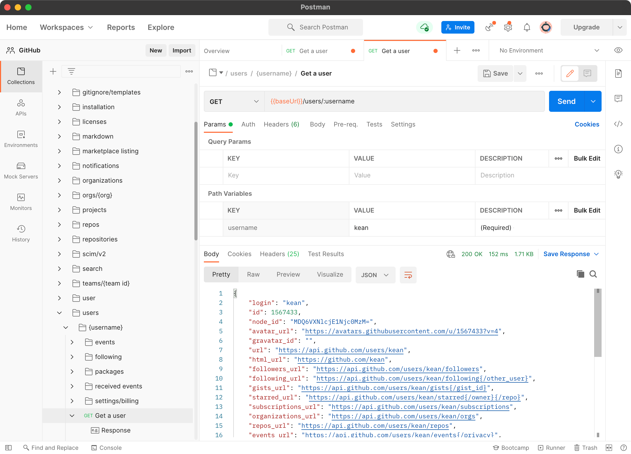 Postman with the GitHub API collection imported, showing a GET /users/:username request and its JSON response
