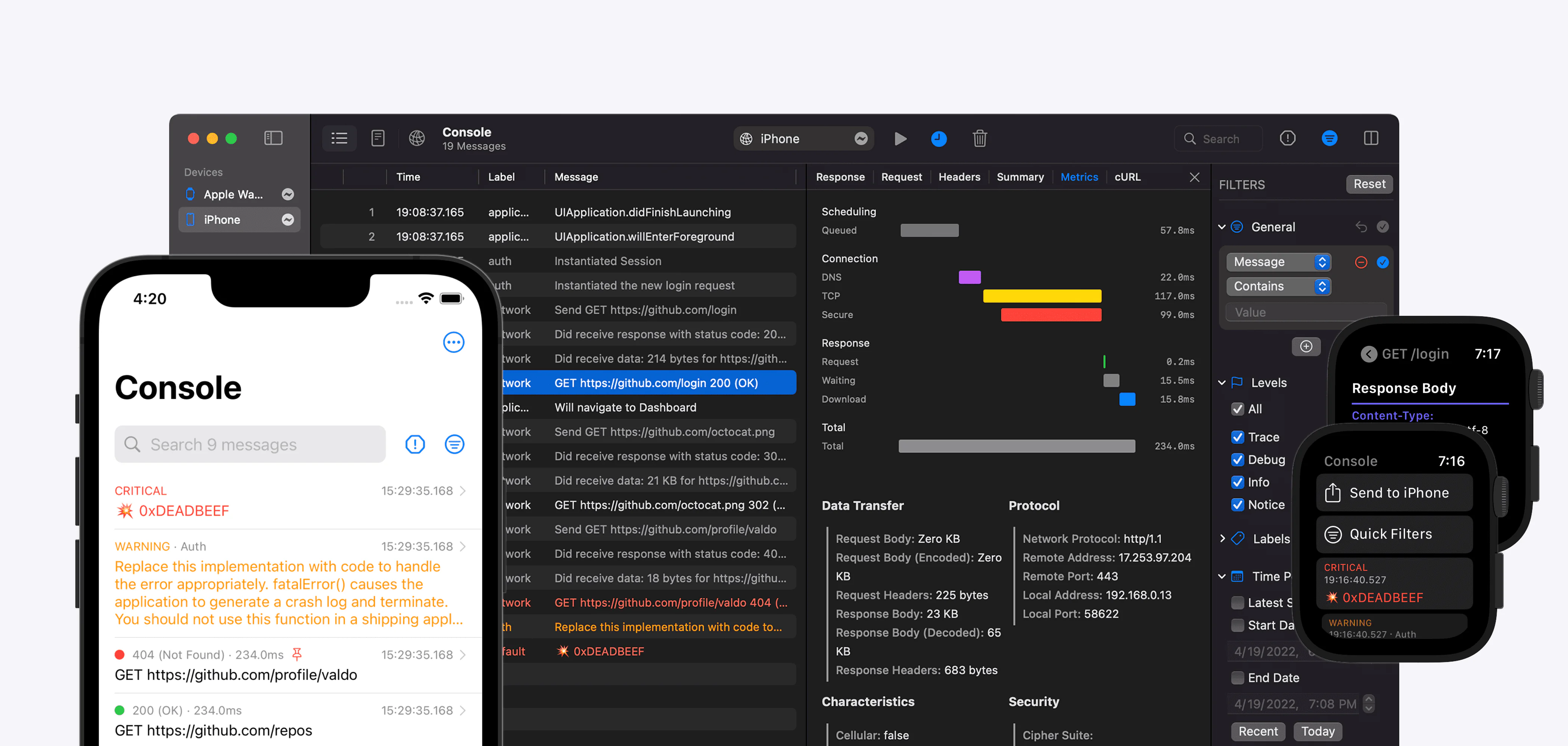 Pulse on iPhone, Mac, and Apple Watch, showing the console with logs and network requests and the metrics of a selected request