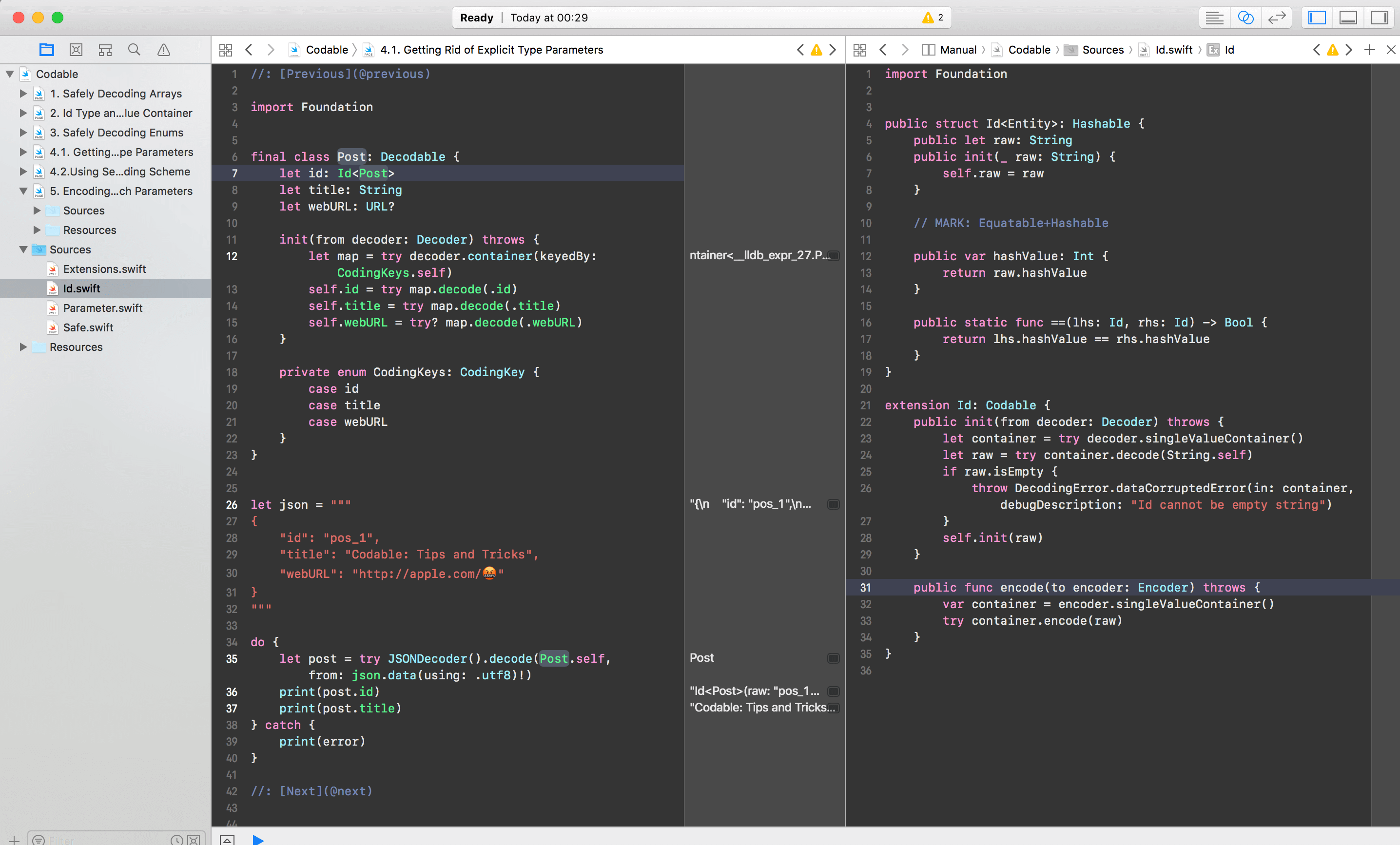 Xcode screenshot showing Codable example