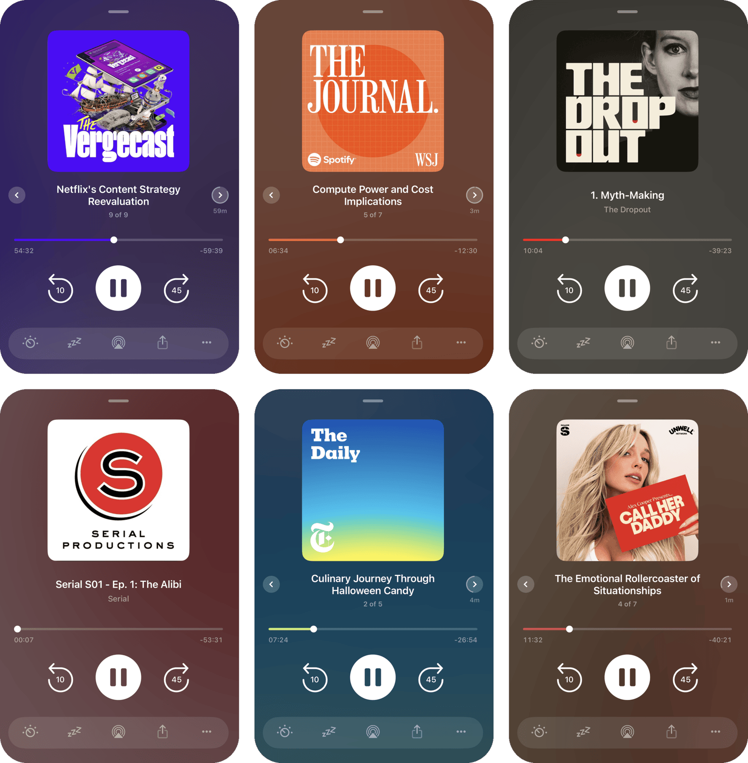 Now Playing themed with the colors of six different podcasts