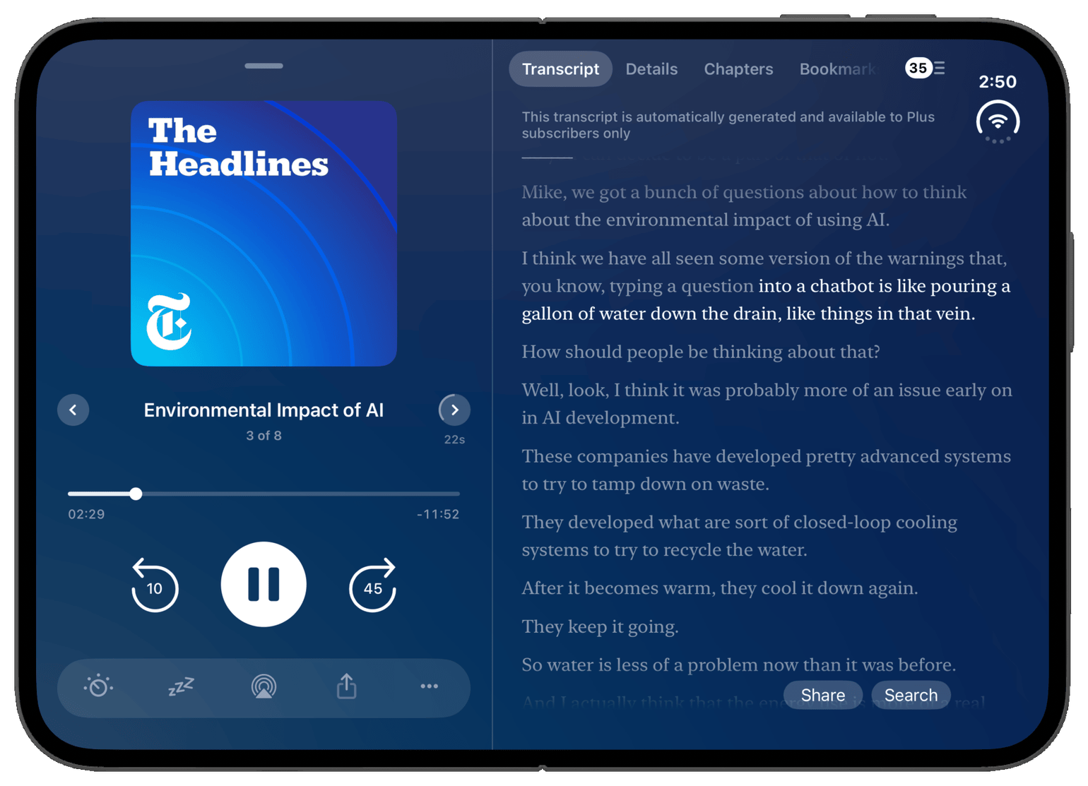 Now Playing with the transcript on the unfolded iPhone Duo