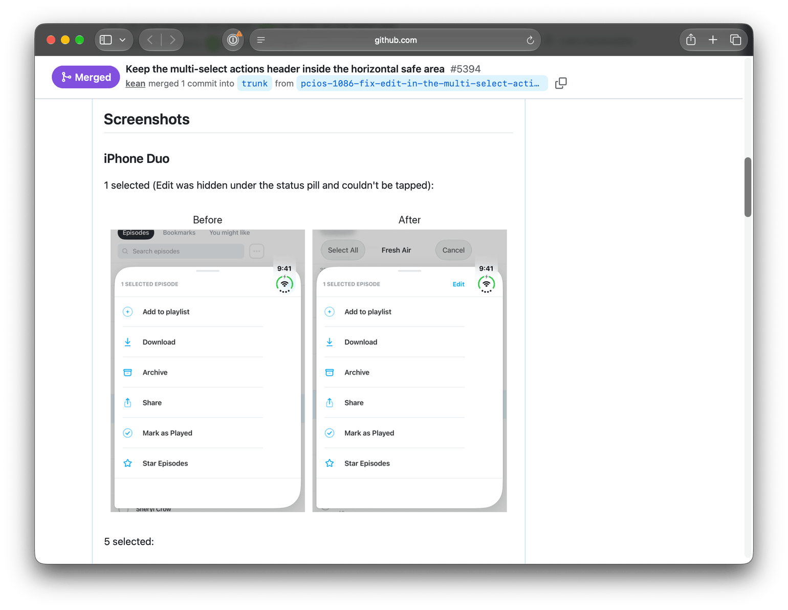 Before and after screenshots in a pull request