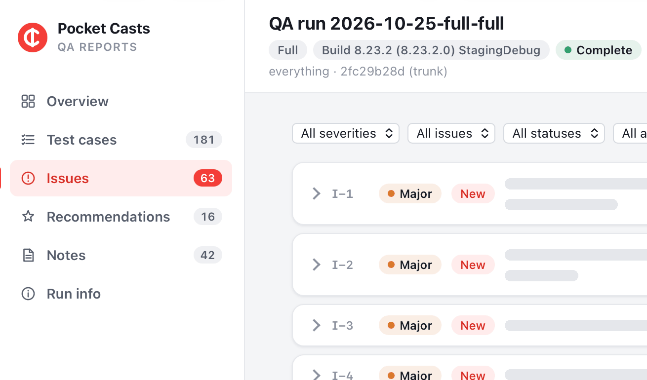 A QA report for a full regression run