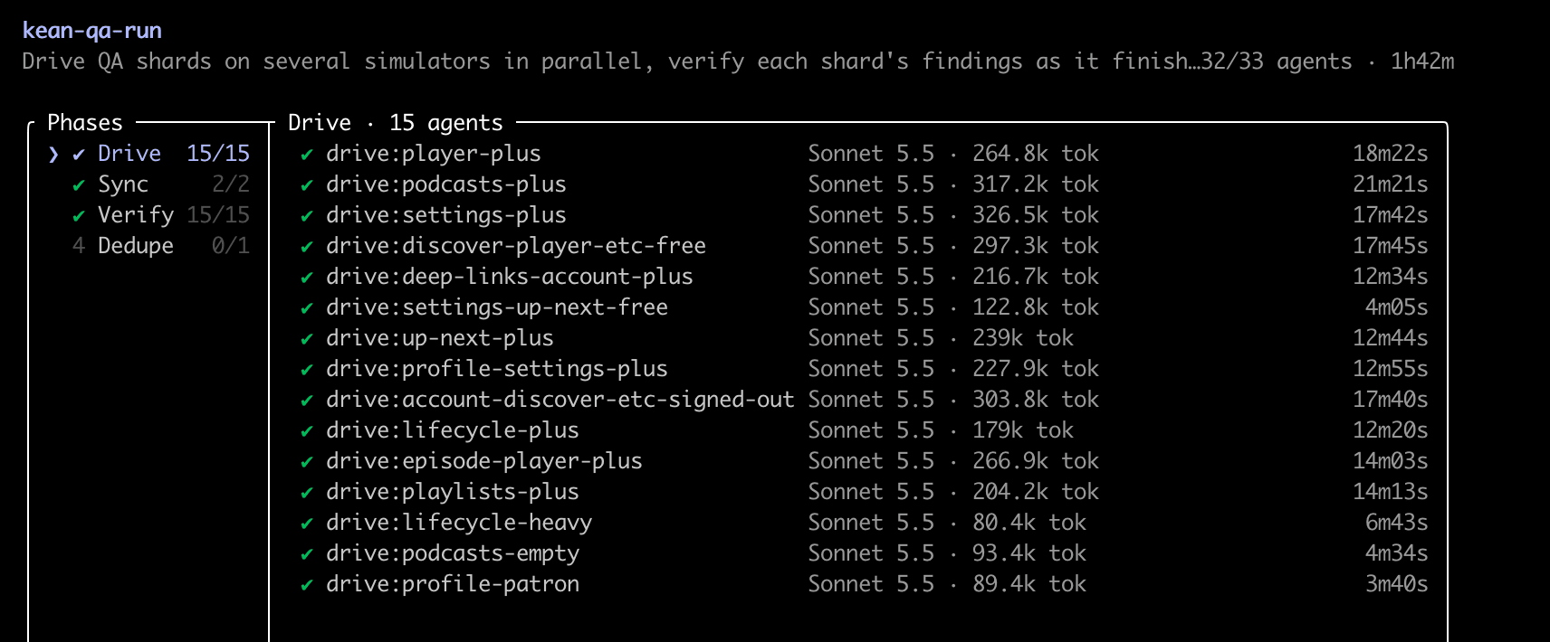 A regression run with agents driving the app on several simulators