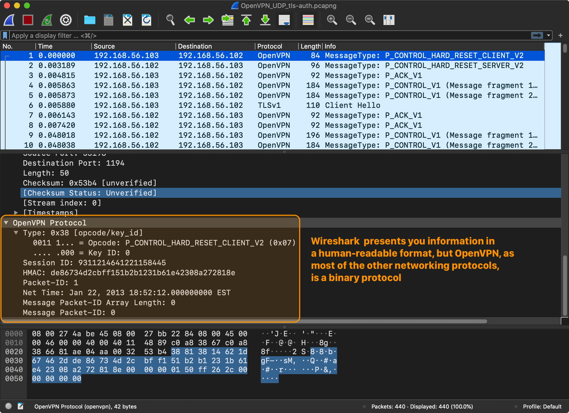 Wireshark capture: OpenVPN client reset