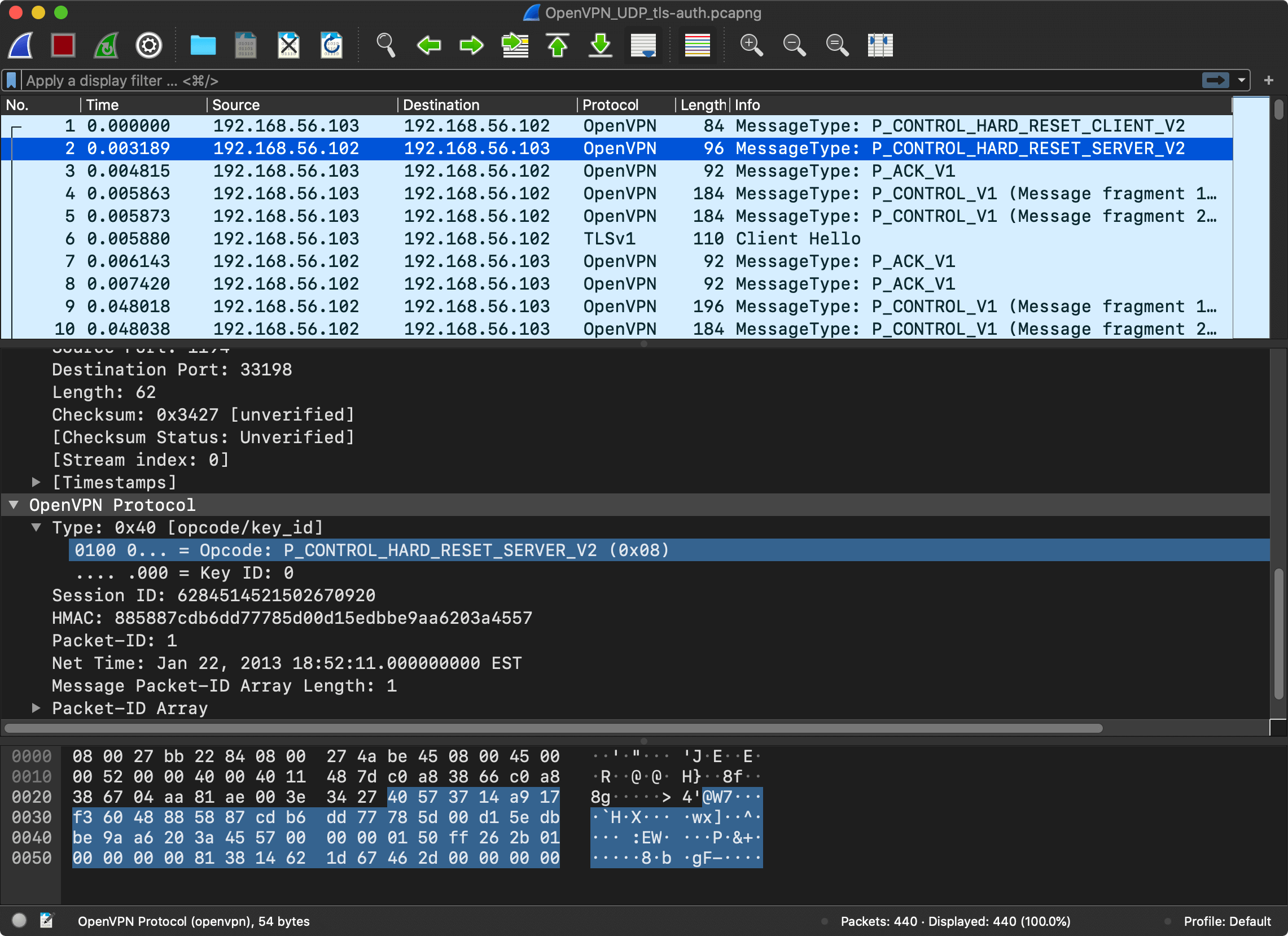 Wireshark capture: OpenVPN server reset