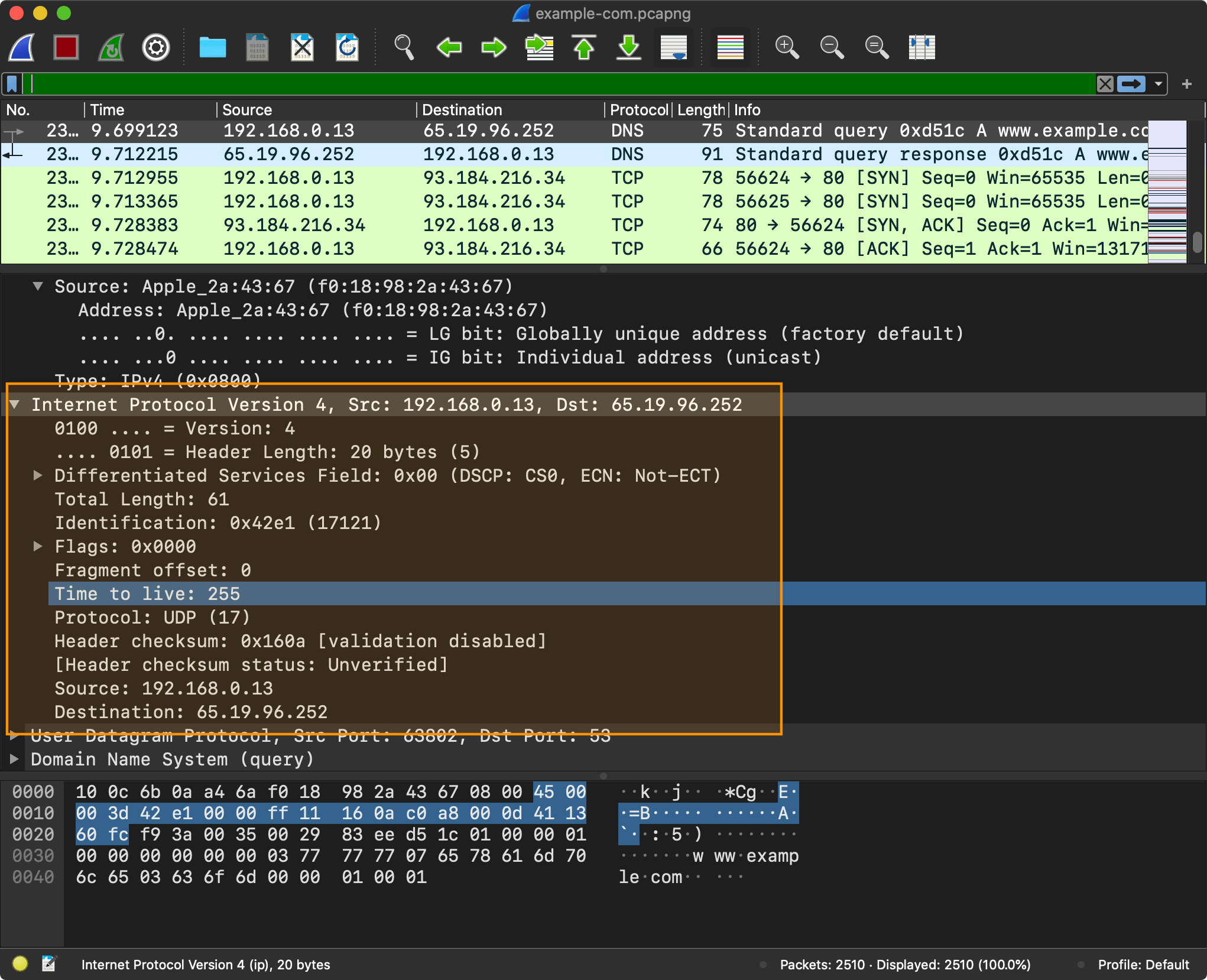 Wireshark capture: IP packet